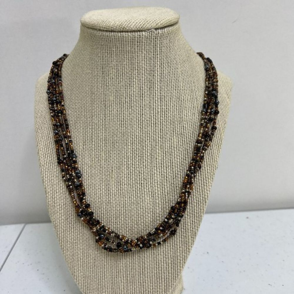 Premier Designs Necklace Brown Beaded Multi Strand Seed Bead Black Neutral Used,